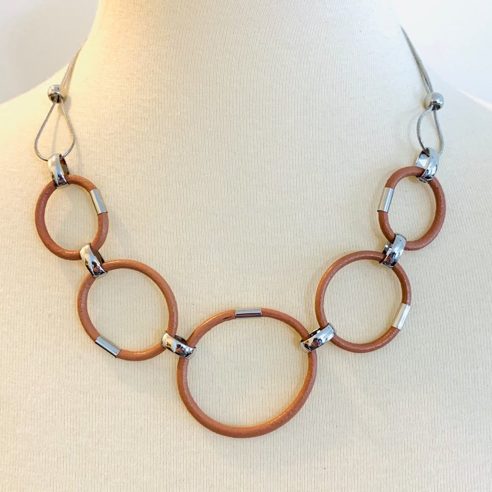 Tan Leather + Silver Link Adjustable Necklace - Picture 3 of 7